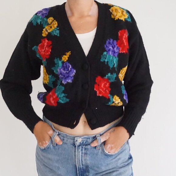 Sweaters - Black Floral Button-Up Cardigan Sweater